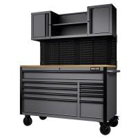 BUNKER Roller Workstation with Workbench, 10 Drawer, 56\" Light Grey - 31761
