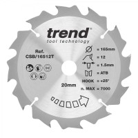 Trend Wood Cordless Circular Saw Blade - 165mm dia x 1.5 kerf x 20 bore 12T