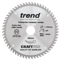 Trend CraftPro Extra Fine Finish Wood Saw Blade - 190mm dia x 2.6 kerf x 30 bore 60T