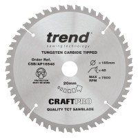 Trend CraftPro Aluminium / Plastic Saw Blade - 165mm dia x 2 kerf x 20 bore 48T