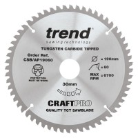 Trend CraftPro Aluminium / Plastic Saw Blade - 190mm dia x 2.8 kerf x 30 bore 60T