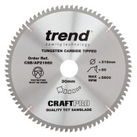 Trend CraftPro Aluminium / Plastic Saw Blade - 216mm dia x 2.8 kerf x 30 bore 80T