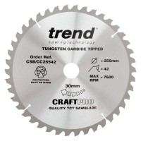Trend CraftPro Crosscut Wood Mitre Saw Blade - 255mm dia x 2.4 kerf x 30 bore 42T