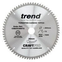 Trend CraftPro Crosscut Wood Mitre Saw Blade - 260mm dia x 2.6 kerf x 30 bore 72T