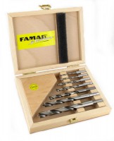 Famag 1597 Brad point drill bit HSS-G long version Set of 7pcs 3-12 mm in Wooden Case
