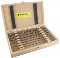 Famag Brad point drill bit HSS-G OAL 250 mm  3 4 5 6 8 10 12 mm Set of 7 pcs in Wooden Case