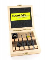 Famag Drill Bits type 3573 with Countersinks type 2100 and depth Adjusting Collar 5 pcs in Wooden Case