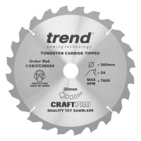 Trend CraftPro Crosscut Wood Mitre Saw Blade - 260mm dia x 2.6 kerf x 30 bore 24T